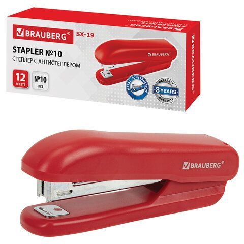 Степлер №10 BRAUBERG &quot;SX-19&quot;, до 12 листов, с антистеплером, красный, 228589