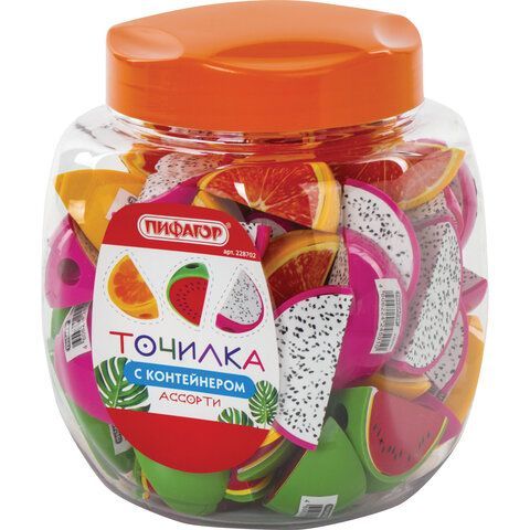 Точилка ПИФАГОР 36 шт. &quot;Фрукты&quot;, с контейнером, пластиковая, ассорти, 228702