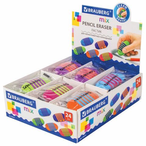 Ластик BRAUBERG 3 шт. &quot;Mix Pro&quot;, 58х33х13 мм, цвет ассорти, 228722