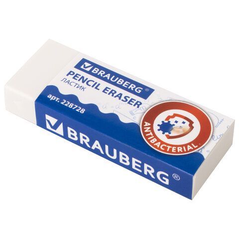 Ластик BRAUBERG 5 шт. &quot;АНТИБАКТЕРИАЛЬНЫЙ&quot;, 58х22х12 мм, белый, прямоугольный, картонный держатель, 228728