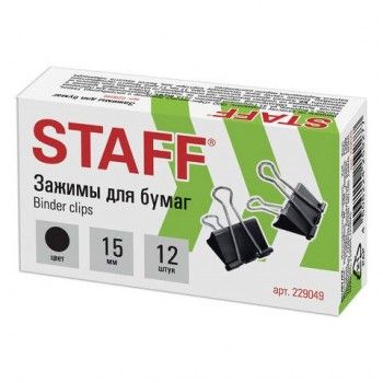 Зажимы для бумаг STAFF 6 шт. "EVERYDAY", КОМПЛЕКТ 12 шт., 15 мм, на 45 листов, черные, картонная коробка, 229049