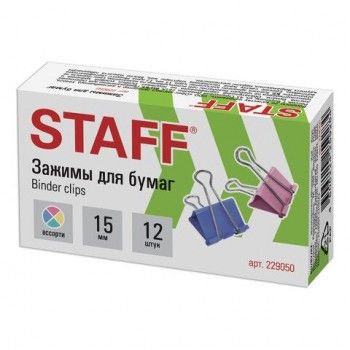 Зажимы для бумаг STAFF 6 шт. "Profit", КОМПЛЕКТ 12 шт., 15 мм, на 45 листов, цветные, картонная коробка, 229050