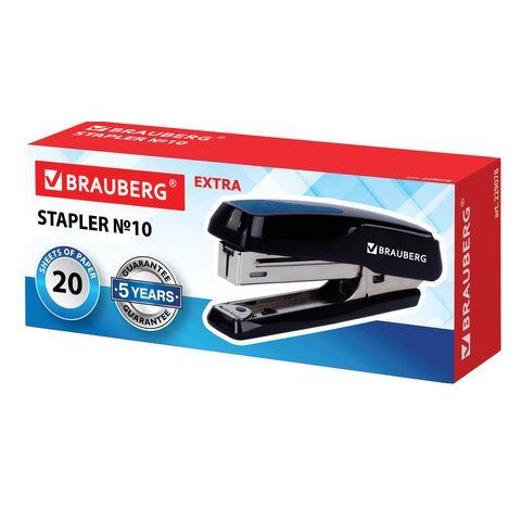 Степлер №10 BRAUBERG &quot;Extra&quot;, до 20 листов, антистеплер, черно-синий, 229078