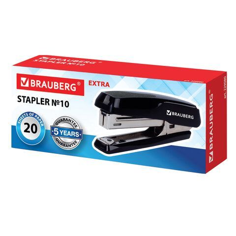 Степлер №10 BRAUBERG &quot;Extra&quot;, до 20 листов, антистеплер, черно-серый, 229080