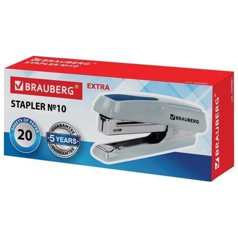 Степлер №10 BRAUBERG &quot;Extra&quot;, до 20 листов, антистеплер, серо-синий, 229081