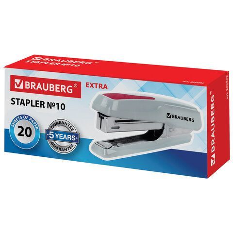 Степлер №10 BRAUBERG &quot;Extra&quot;, до 20 листов, антистеплер, серо-красный, 229082
