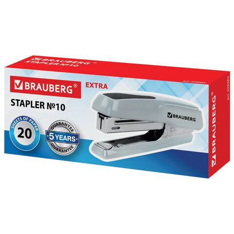 Степлер №10 BRAUBERG &quot;Extra&quot;, до 20 листов, антистеплер, серый, 229083
