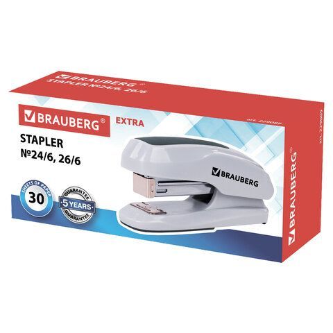 Степлер №24/6, 26/6 BRAUBERG &quot;Extra&quot;, до 30 листов, серый, 229089