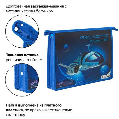 Папка для тетрадей ЮНЛАНДИЯ А4, 1 отделение, пластик, молния сверху, &quot;Galactic traveller&quot;, 229105