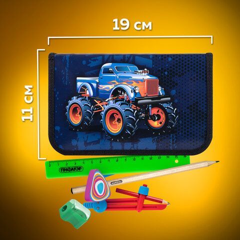 Пенал ПИФАГОР, 1 отделение, ламинированный картон, 19х11 см, &quot;MONSTER TRUCK&quot;, 229147