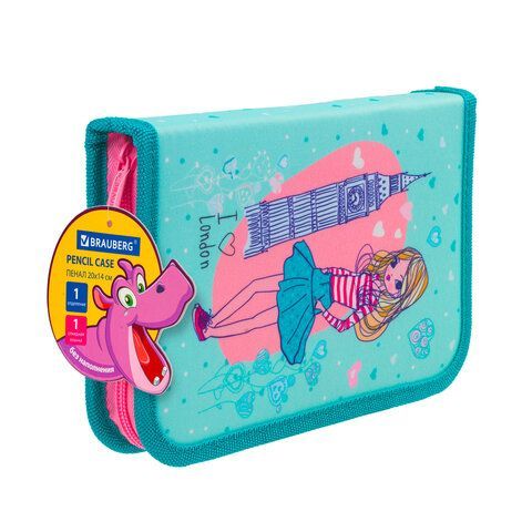 Пенал BRAUBERG, 1 отделение, 1 откидная планка, ткань, 20х14 см, "Girl", 229283