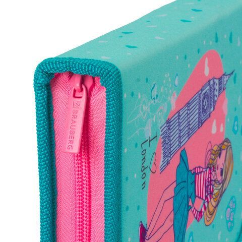 Пенал BRAUBERG, 1 отделение, 1 откидная планка, ткань, 20х14 см, "Girl", 229283