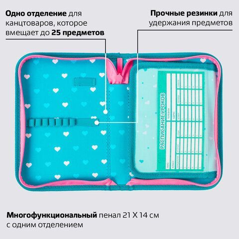 Пенал BRAUBERG, 1 отделение, 1 откидная планка, ткань, 20х14 см, "Girl", 229283