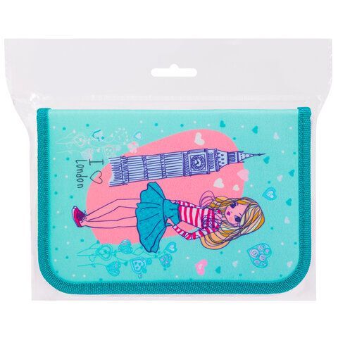 Пенал BRAUBERG, 1 отделение, 1 откидная планка, ткань, 20х14 см, "Girl", 229283