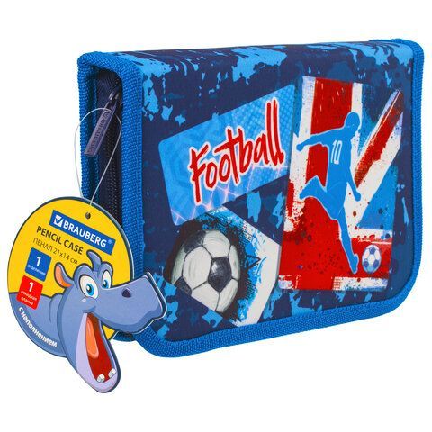 Пенал BRAUBERG с наполнением, 1 отделение, откидная планка, 24 предмета, 21х14 см, &quot;Football&quot;, 229293