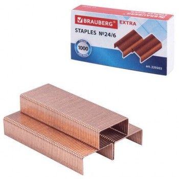Скобы для степлера медное покрытие №24/6, 1000 штук, BRAUBERG 3 шт. "EXTRA", до 30 листов, 229303