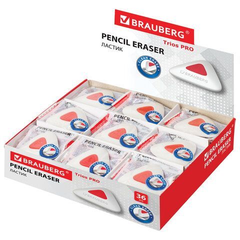 Ластик BRAUBERG 36 шт. &quot;Trios PRO&quot;, 36х36х9 мм, белый, треугольный, красный пластиковый держатель, 229559