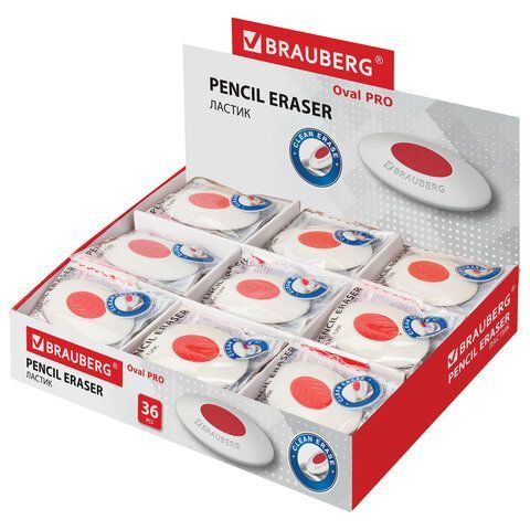 Ластик BRAUBERG 36 шт. &quot;Oval PRO&quot;, 40х26х8 мм, овальный, красный пластиковый держатель, 229560