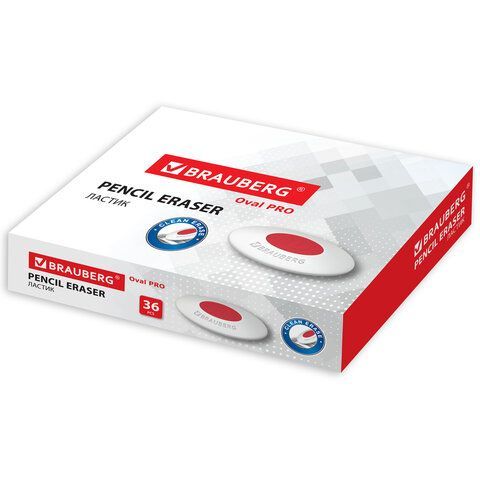 Ластик BRAUBERG 36 шт. &quot;Oval PRO&quot;, 40х26х8 мм, овальный, красный пластиковый держатель, 229560