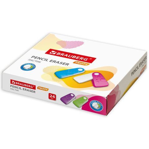 Ластик BRAUBERG 24 шт. &quot;FRUITY&quot;, 57х24х15 мм, белый, пластиковый футляр ассорти, 229561