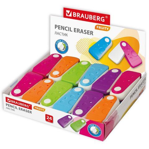 Ластик BRAUBERG 24 шт. &quot;FRUITY&quot;, 57х24х15 мм, белый, пластиковый футляр ассорти, 229561