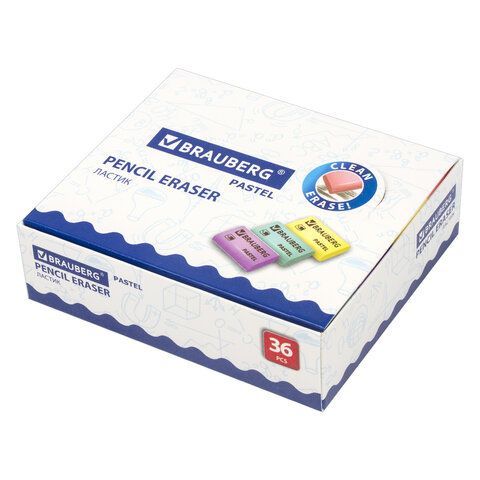 Ластик BRAUBERG 36 шт. &quot;Pastel&quot;, 37х24х11мм, ассорти пастельных цветов, экологичный ПВХ, 229582