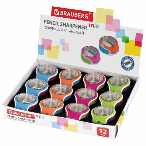 Точилка BRAUBERG 12 шт. &quot;Mix Soft&quot;, пластиковая, с контейнером, корпус ассорти, 229585