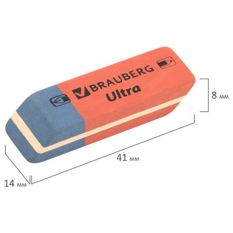 Ластики BRAUBERG 2 шт. &quot;Ultra&quot; 6 шт., размер ластика 41х14х8 мм, красно-синие, натуральный каучук, 229599.