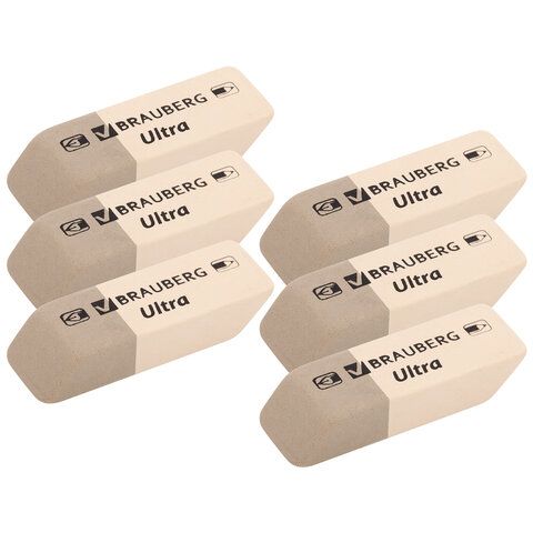 Ластики BRAUBERG 2 шт. &quot;Ultra&quot; 6 шт., размер ластика 41х14х8 мм, серо-белые, натуральный каучук, 229600
