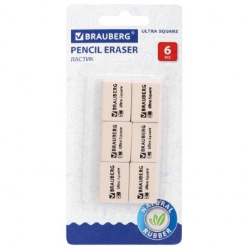Ластики BRAUBERG 2 шт. "Ultra Square" 6 шт., размер ластика 29х18х8 мм, белые, натуральный каучук, 229603