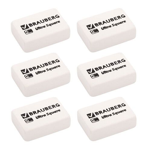 Ластики BRAUBERG 2 шт. &quot;Ultra Square&quot; 6 шт., размер ластика 29х18х8 мм, белые, натуральный каучук, 229603