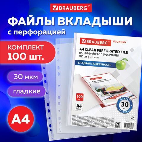 Папки-файлы перфорированные А4 BRAUBERG &quot;ECONOMY&quot;, КОМПЛЕКТ 100 шт., гладкие, 30 мкм, 229659