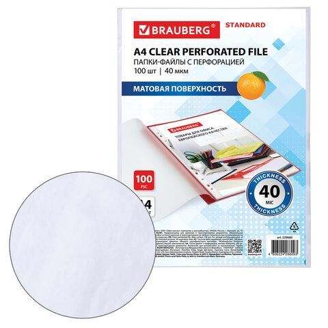 Папки-файлы перфорированные А4 BRAUBERG &quot;STANDARD&quot;, КОМПЛЕКТ 100 шт., матовые, 40 мкм, 229660