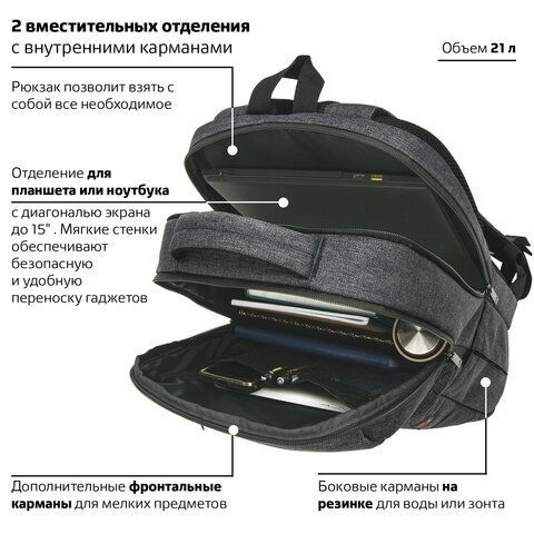 Рюкзак BRAUBERG URBAN универсальный, с отделением для ноутбука, &quot;Houston&quot;, темно-серый, 45х31х15 см, 229895