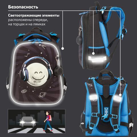 Ранец BRAUBERG PREMIUM, 2 отделения, с брелком, &quot;Moon&quot;, СВЕТЯЩИЙСЯ, 38х29х16 см, 229905