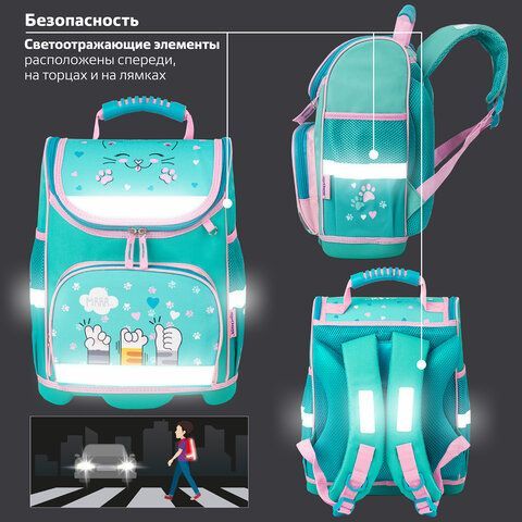 Ранец ЮНЛАНДИЯ WISE, 1 отделение, 3 кармана, устойчивое дно, &quot;Soft paws&quot;, 37х29х15 см, 229946