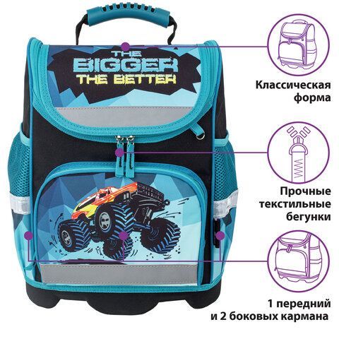 Ранец ЮНЛАНДИЯ WISE для начальной школы, &quot;Monster-truck&quot;, 37х29х15 см, 229948