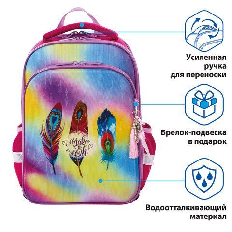 Ранец BRAUBERG QUADRO, 3 отделения, с брелком, &quot;Plumage&quot;, 37х28х18 см, 229953