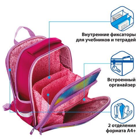 Ранец BRAUBERG QUADRO, 3 отделения, с брелком, &quot;Plumage&quot;, 37х28х18 см, 229953