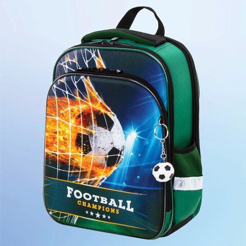 Ранец BRAUBERG QUADRO, 3 отделения, с брелком, &quot;Fire football&quot;, 37х28х18 см, 229956