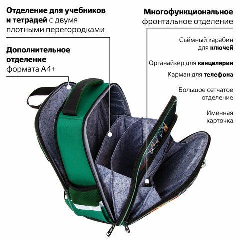 Ранец BRAUBERG QUADRO, 3 отделения, с брелком, &quot;Fire football&quot;, 37х28х18 см, 229956