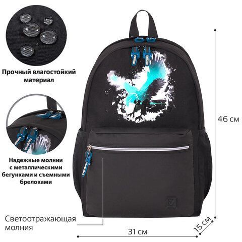 Рюкзак BRAUBERG FASHION CITY, универсальный, 2 отделения, &quot;Eagle&quot;, черный, 46х31х15 см, 229967