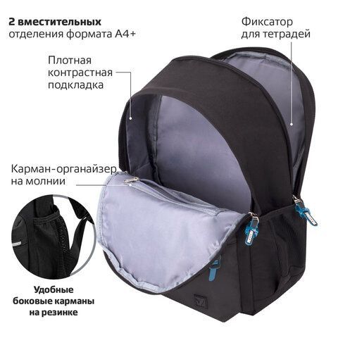 Рюкзак BRAUBERG FASHION CITY, универсальный, 2 отделения, &quot;Eagle&quot;, черный, 46х31х15 см, 229967