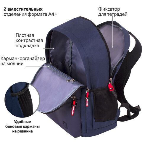 Рюкзак BRAUBERG FASHION CITY, универсальный, 2 отделения, &quot;Auto&quot;, темно-синий, 46х31х15 см, 229968