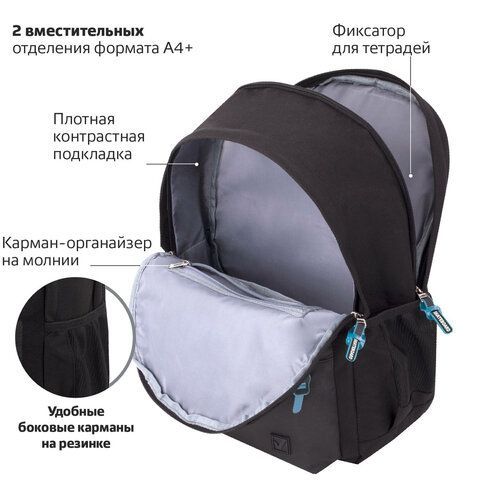 Рюкзак BRAUBERG FASHION CITY универсальный, 2 отделения, &quot;Skateboard&quot;, черный, 46х31х15 см, 229969