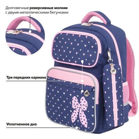 Рюкзак ЮНЛАНДИЯ COMPLETE с пеналом в комплекте, эрго-спинка, &quot;Pink bow&quot;, 42х29х14 см, 229972