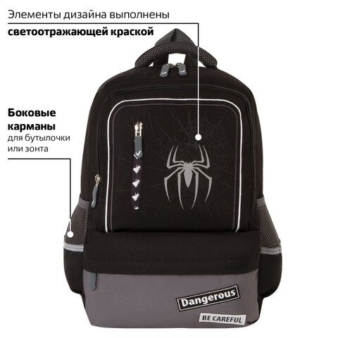 Рюкзак BRAUBERG STAR, 1 отделение, 5 карманов, &quot;Spider&quot;, черный, 40х29х13 см, 229978
