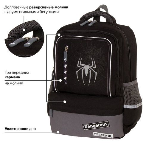 Рюкзак BRAUBERG STAR, 1 отделение, 5 карманов, &quot;Spider&quot;, черный, 40х29х13 см, 229978