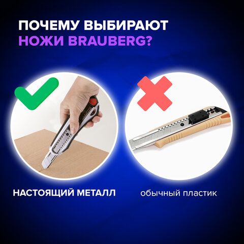 Нож канцелярский мощный 18 мм BRAUBERG &quot;Heavy duty&quot;, автофиксатор, резиновые вставки, металл, 237158