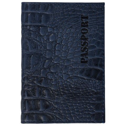 Обложка для паспорта натуральная кожа кайман, &quot;PASSPORT&quot;, темно-синяя, BRAUBERG, 237196